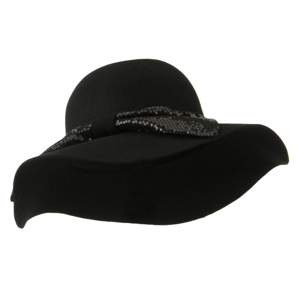 Wool Felt Wide Brim with Big Sequin Bow Hat - Black OSFM