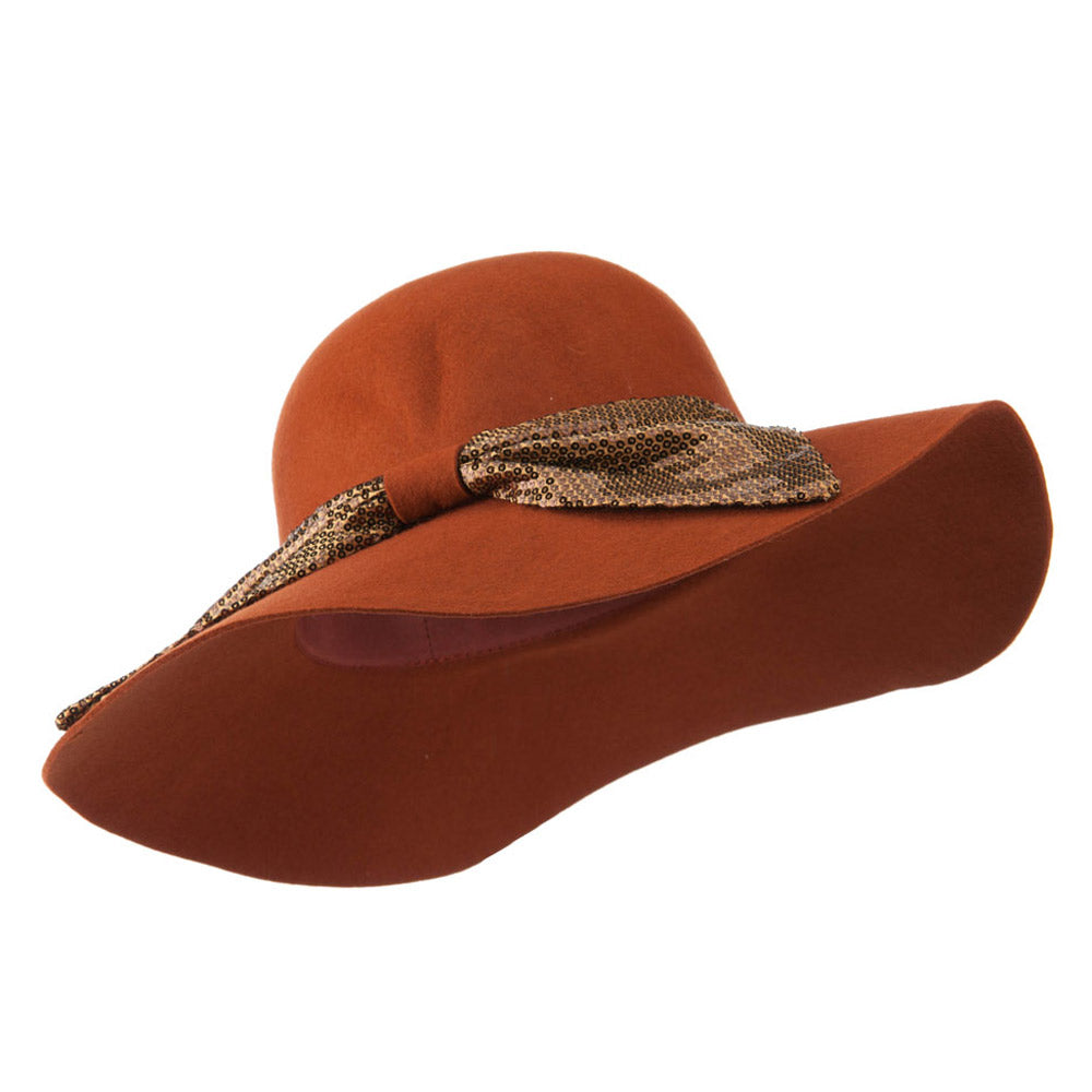 Wool Felt Wide Brim with Big Sequin Bow Hat - Pecan OSFM