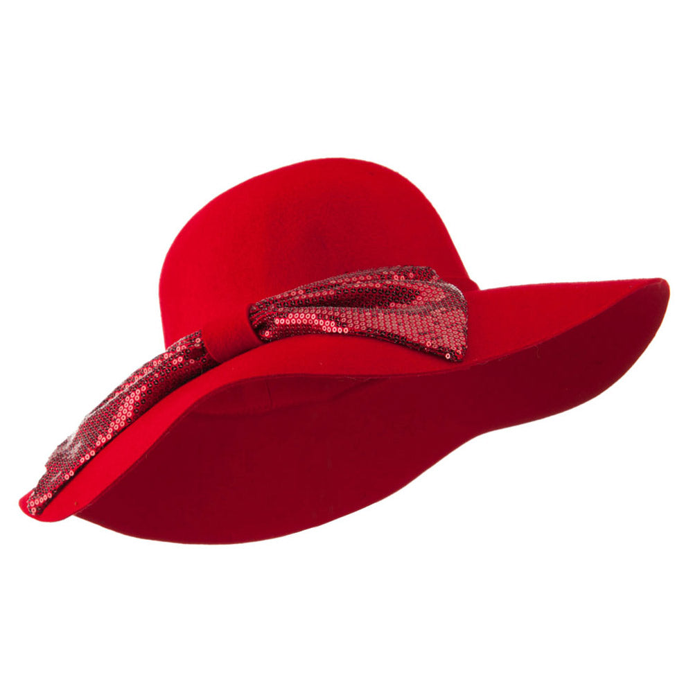 Wool Felt Wide Brim with Big Sequin Bow Hat - Red OSFM