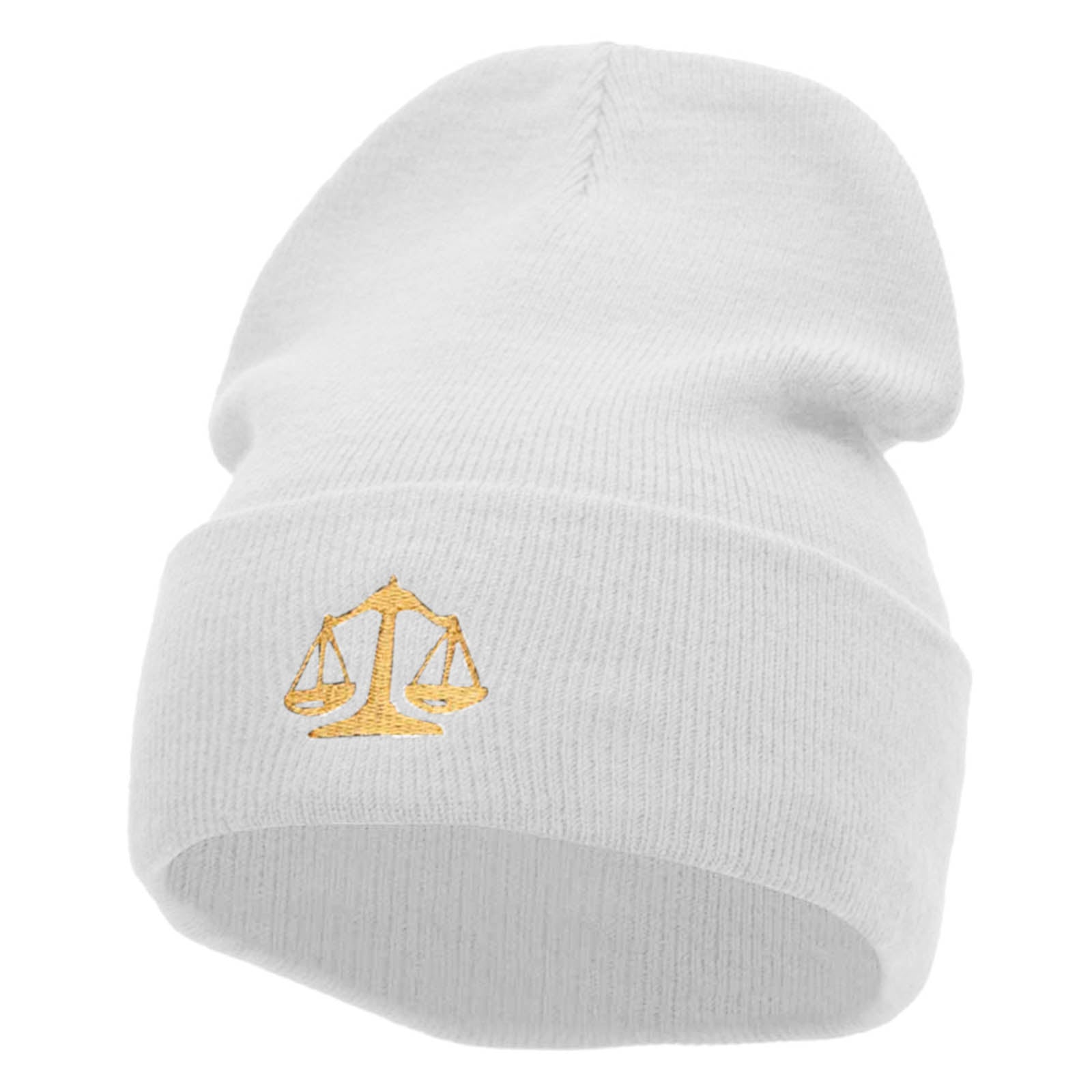 Scales Of Justice Embroidered 12 Inch Long Knitted Beanie - White OSFM