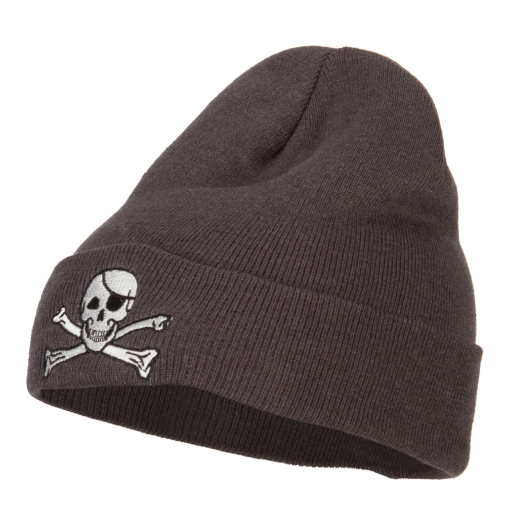 Jolly Roger Skull Embroidered Big Size Long Beanie - Grey XL-3XL