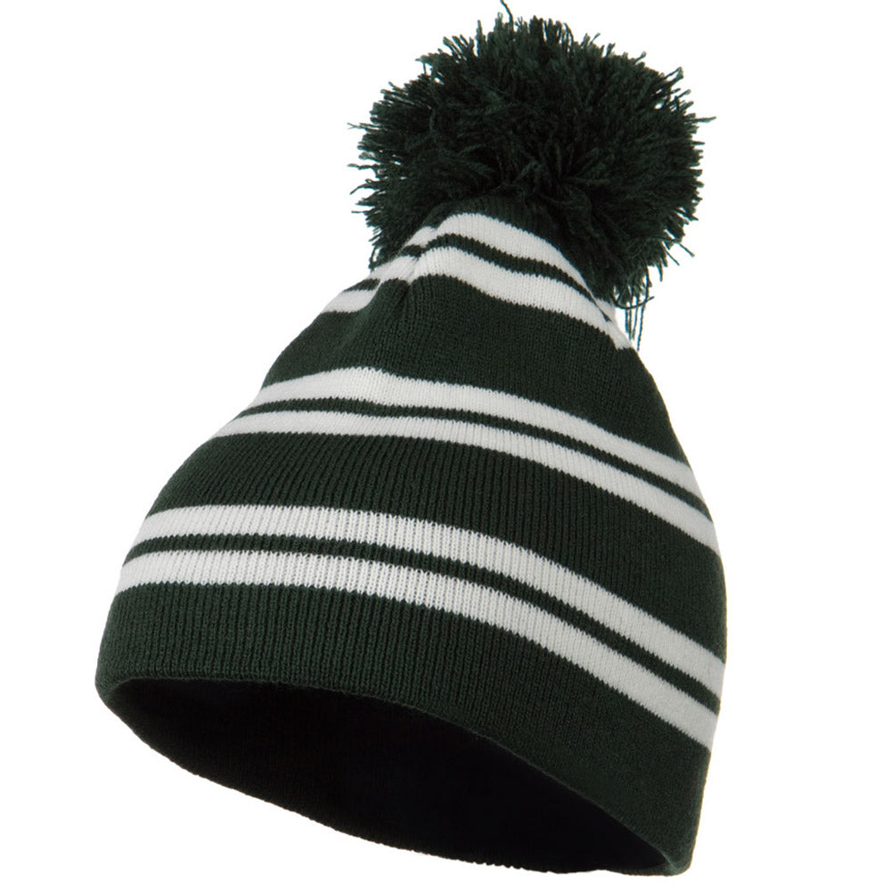 Jacquard White Stripe Knit Beanie with Pom - Green OSFM