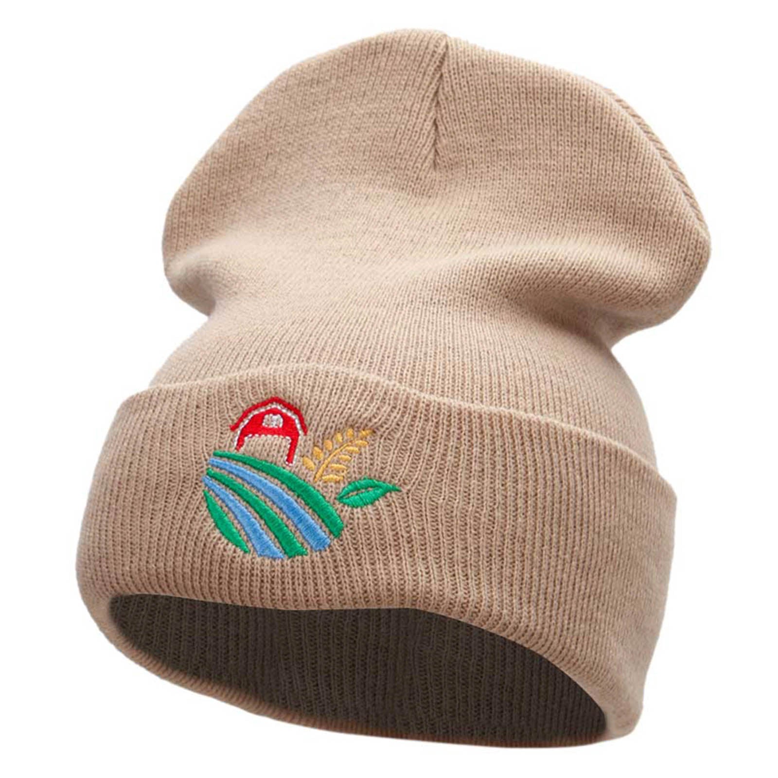 Farm Scape Embroidered 12 Inch Solid Long Beanie Made in USA - Khaki OSFM