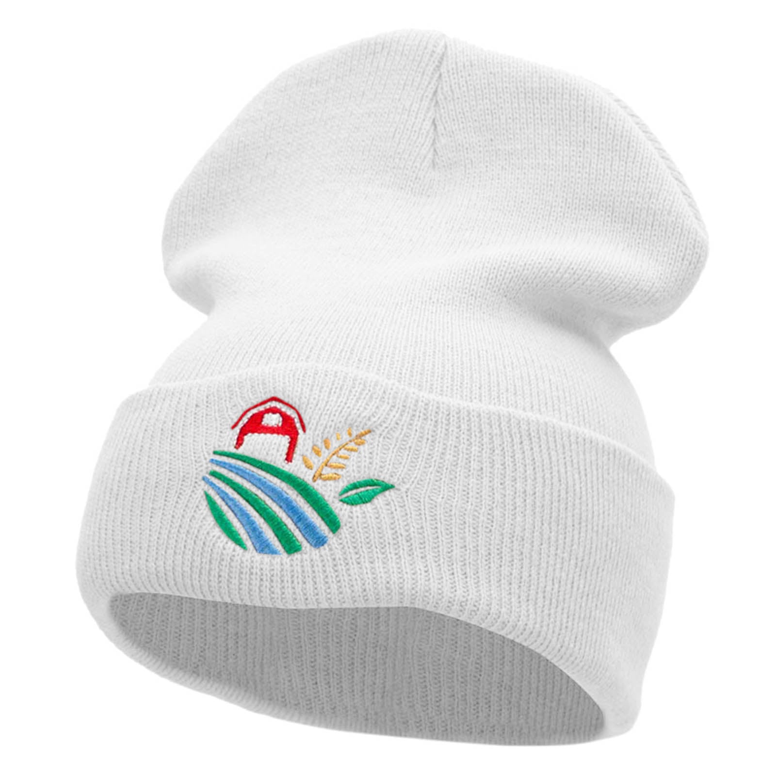 Farm Scape Embroidered 12 Inch Solid Long Beanie Made in USA - White OSFM