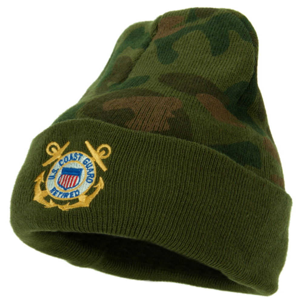 US Coast Guard Retired Anchors Embroidered Camo Long Beanie - Green OSFM