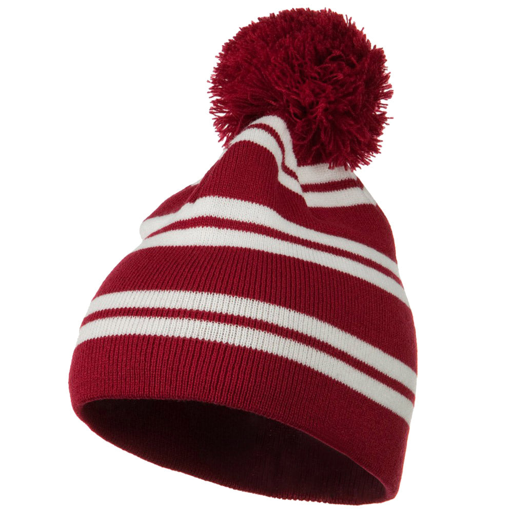 Jacquard White Stripe Knit Beanie with Pom - Cardinal OSFM