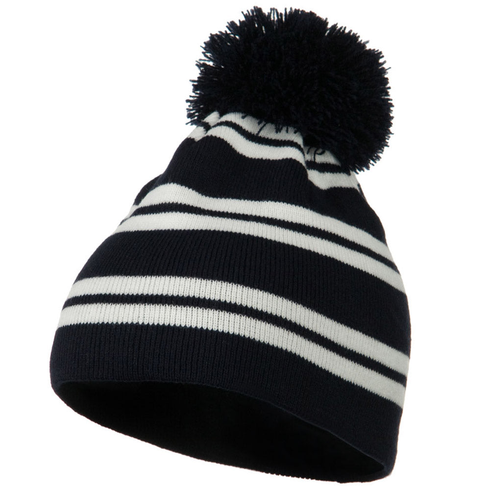 Jacquard White Stripe Knit Beanie with Pom - Navy OSFM