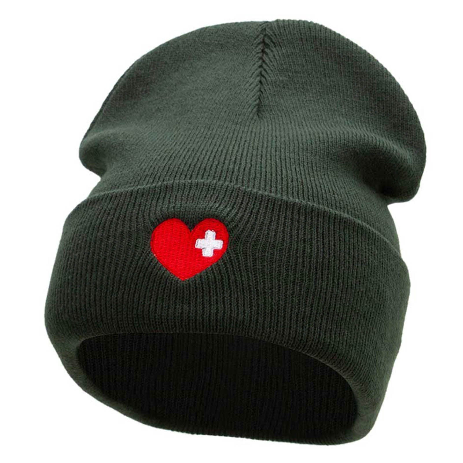 Medical Love Embroidered 12 Inch Long Knitted Beanie - Olive OSFM