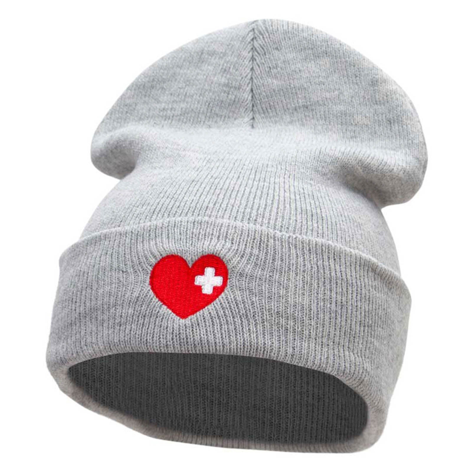 Medical Love Embroidered 12 Inch Long Knitted Beanie - Heather Grey OSFM