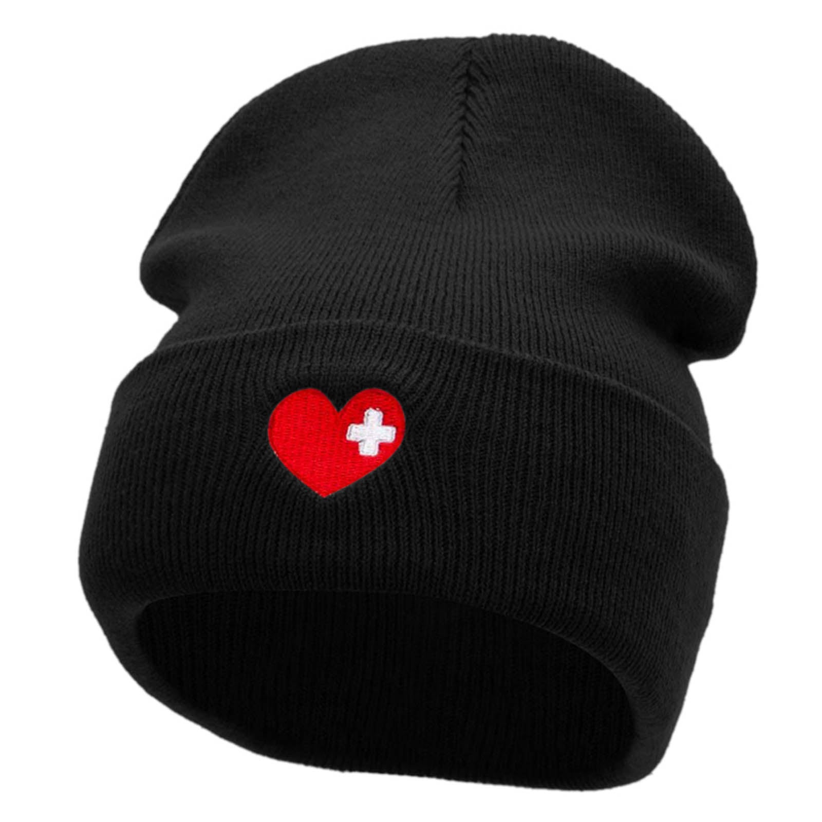 Medical Love Embroidered 12 Inch Long Knitted Beanie - Black OSFM