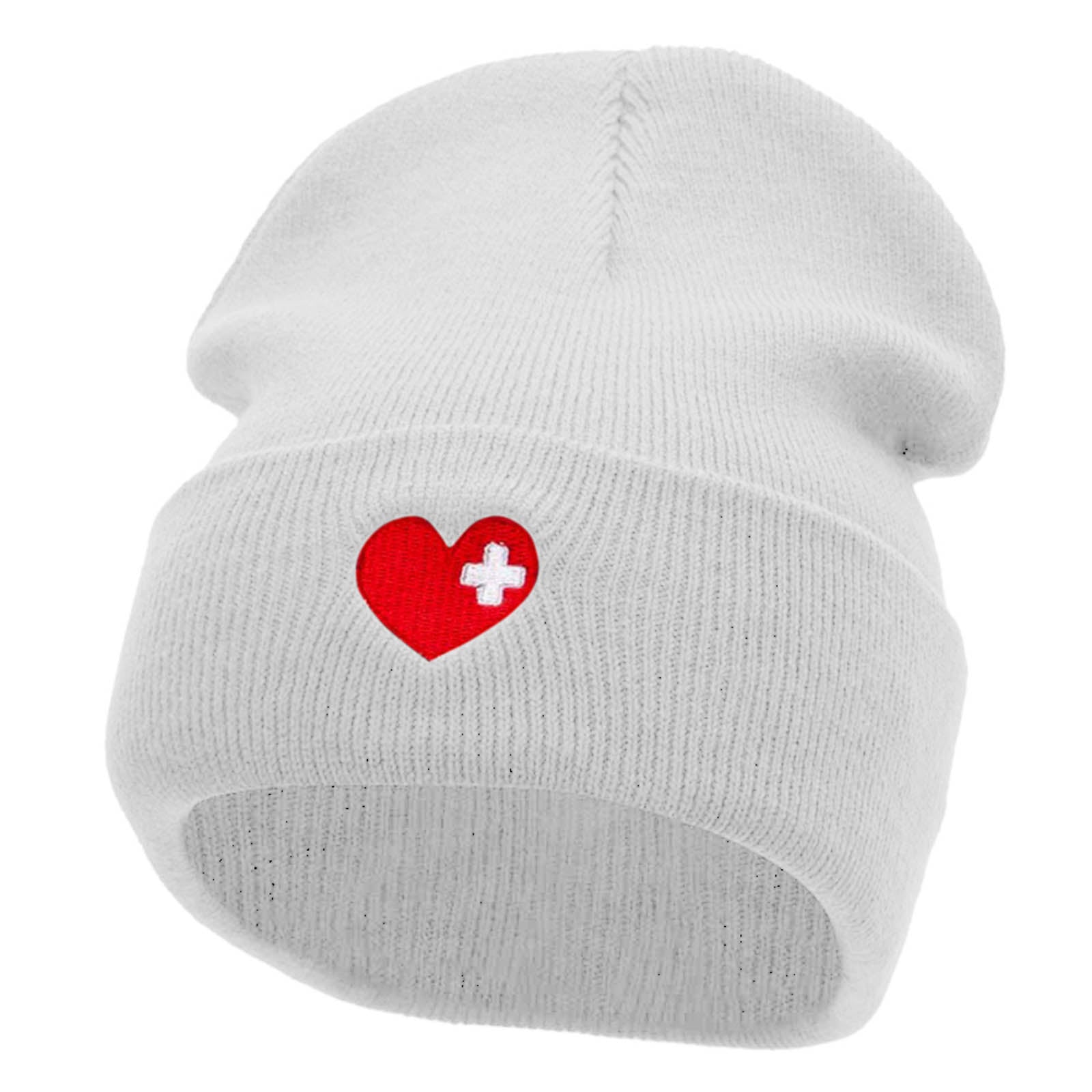 Medical Love Embroidered 12 Inch Long Knitted Beanie - White OSFM