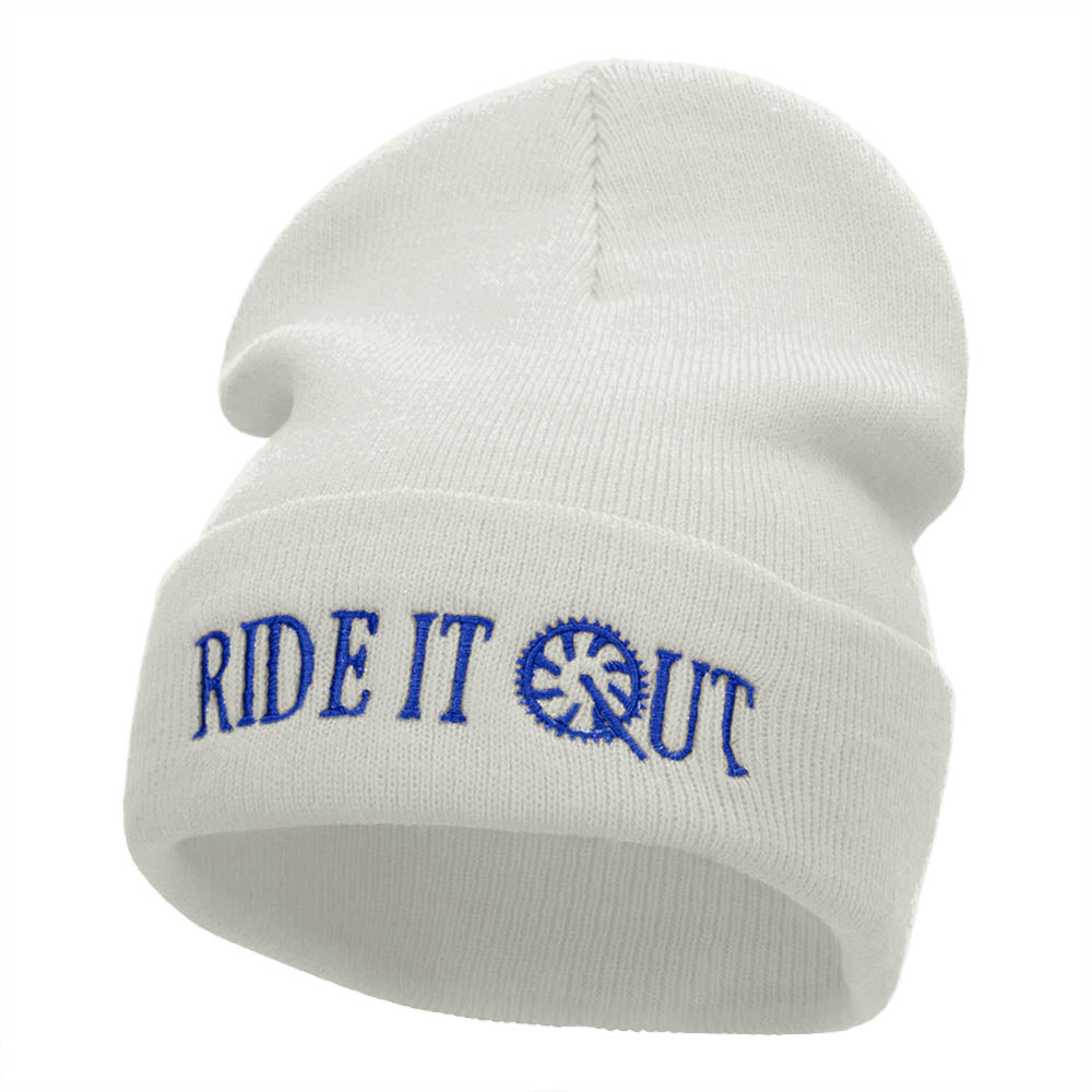 Ride It Out Embroidered 12 Inch Long Knitted Beanie - White OSFM