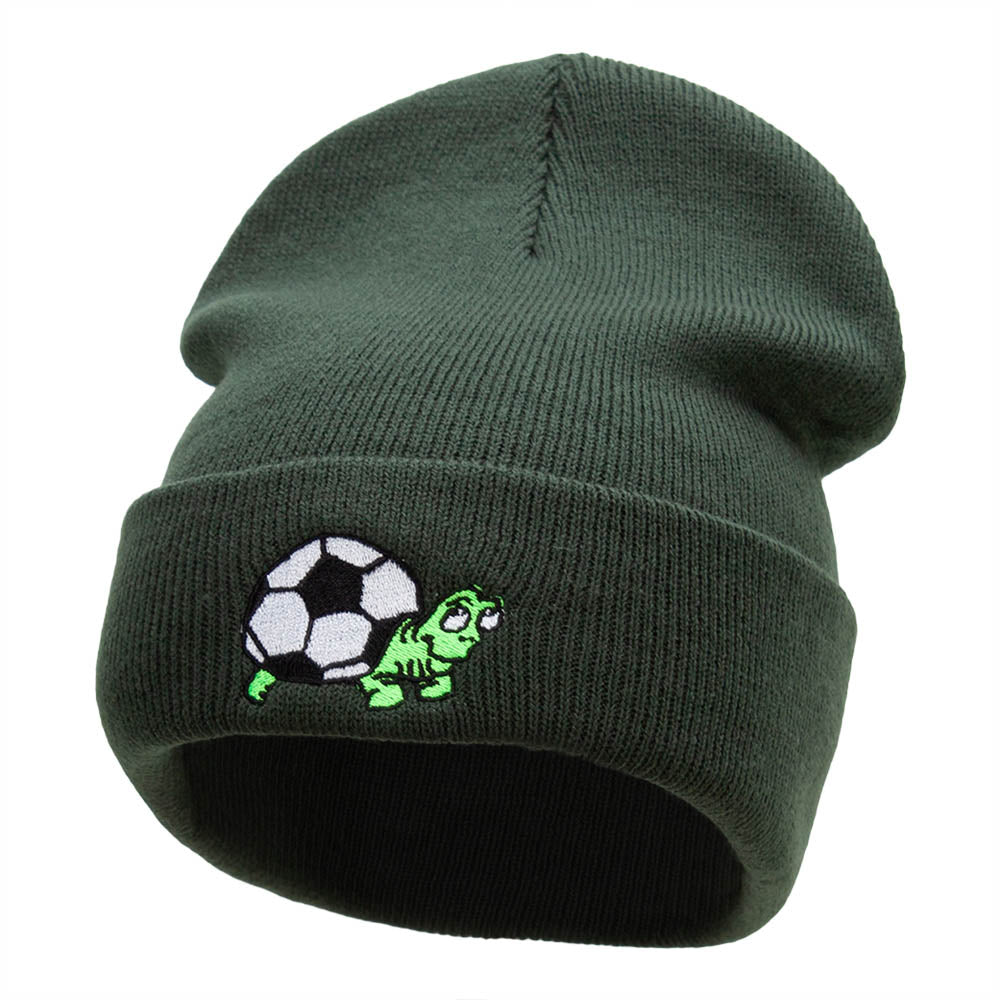 Soccer Ball Tortoise Embroidered 12 Inch Long Knitted Beanie - Olive OSFM