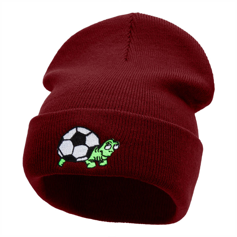 Soccer Ball Tortoise Embroidered 12 Inch Long Knitted Beanie - Maroon OSFM