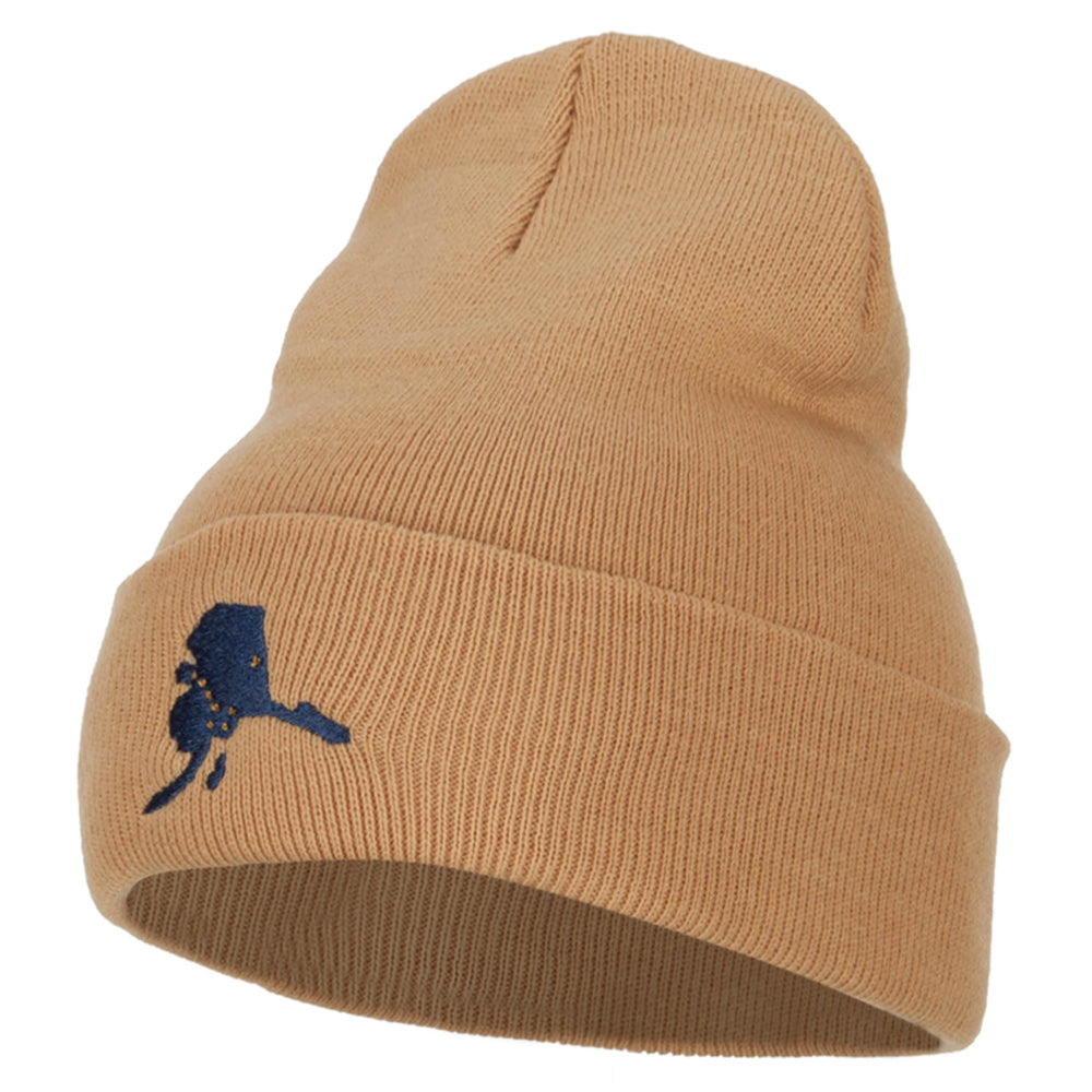 Alaska Flag Map Embroidered Long Beanie - Khaki OSFM