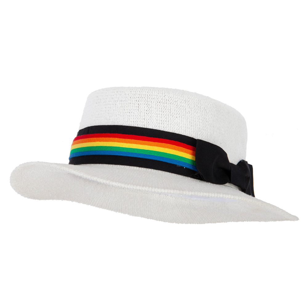 Rainbow Band and Bow Ribbon Accented Knit Boater Hat - White OSFM