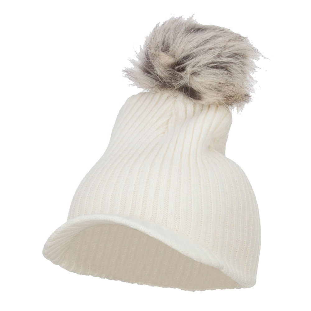 Pom Pom Knit Brim Beanie - White OSFM