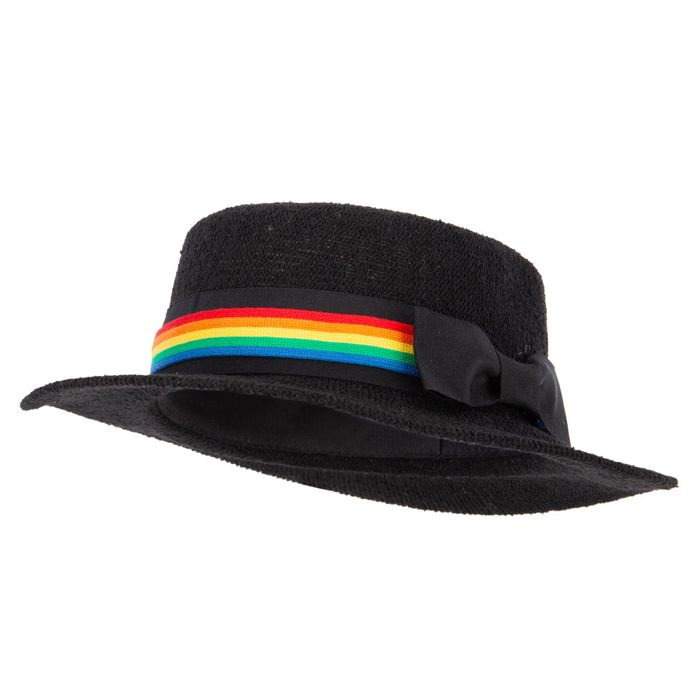 Rainbow Band and Bow Ribbon Accented Knit Boater Hat - Black OSFM