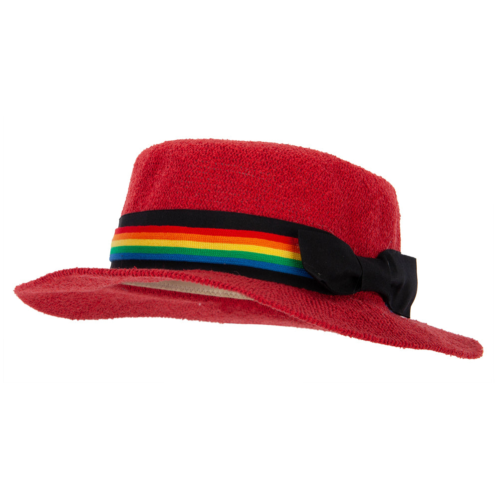 Rainbow Band and Bow Ribbon Accented Knit Boater Hat - Red OSFM