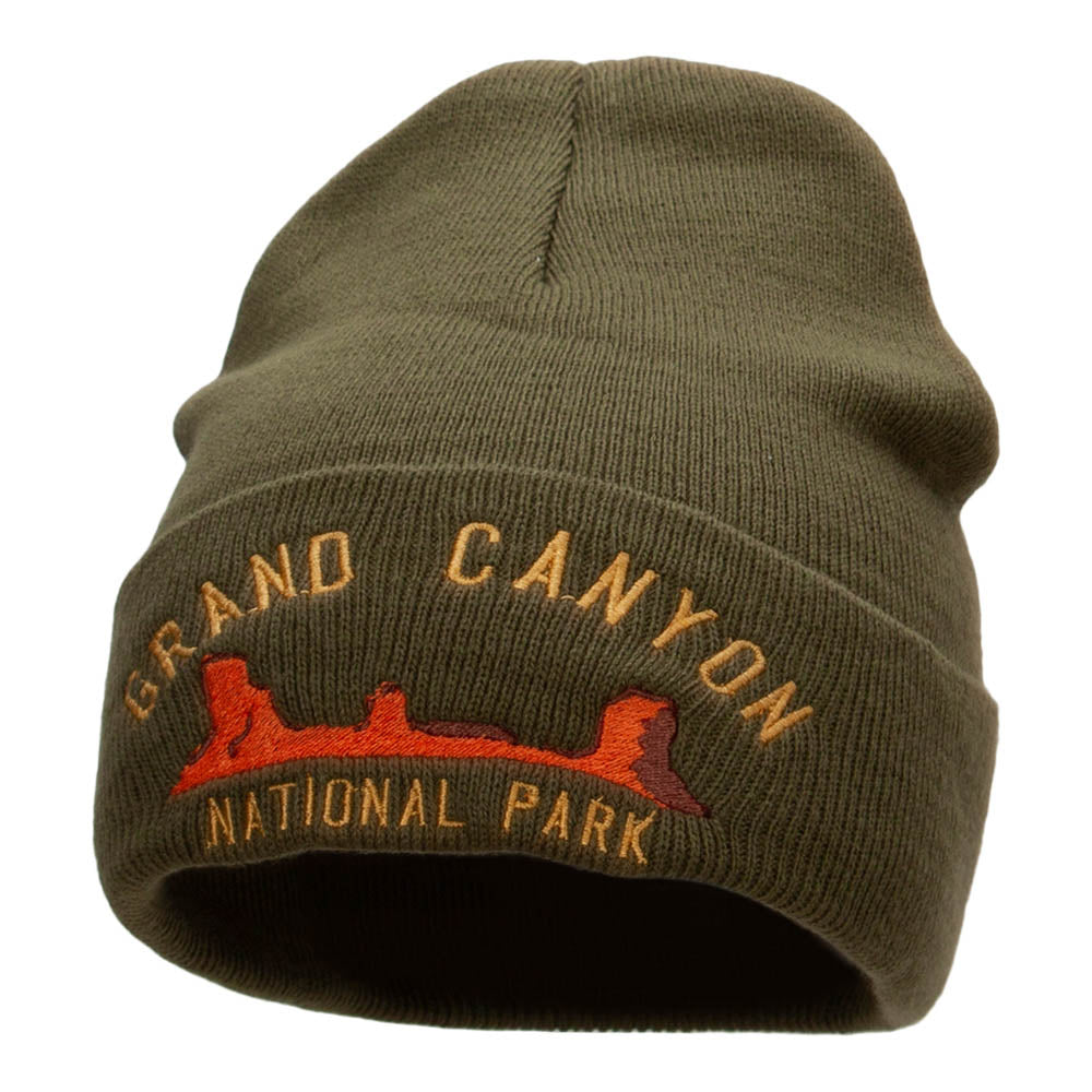 Grand Canyon Embroidered Long Knitted Beanie - Olive OSFM