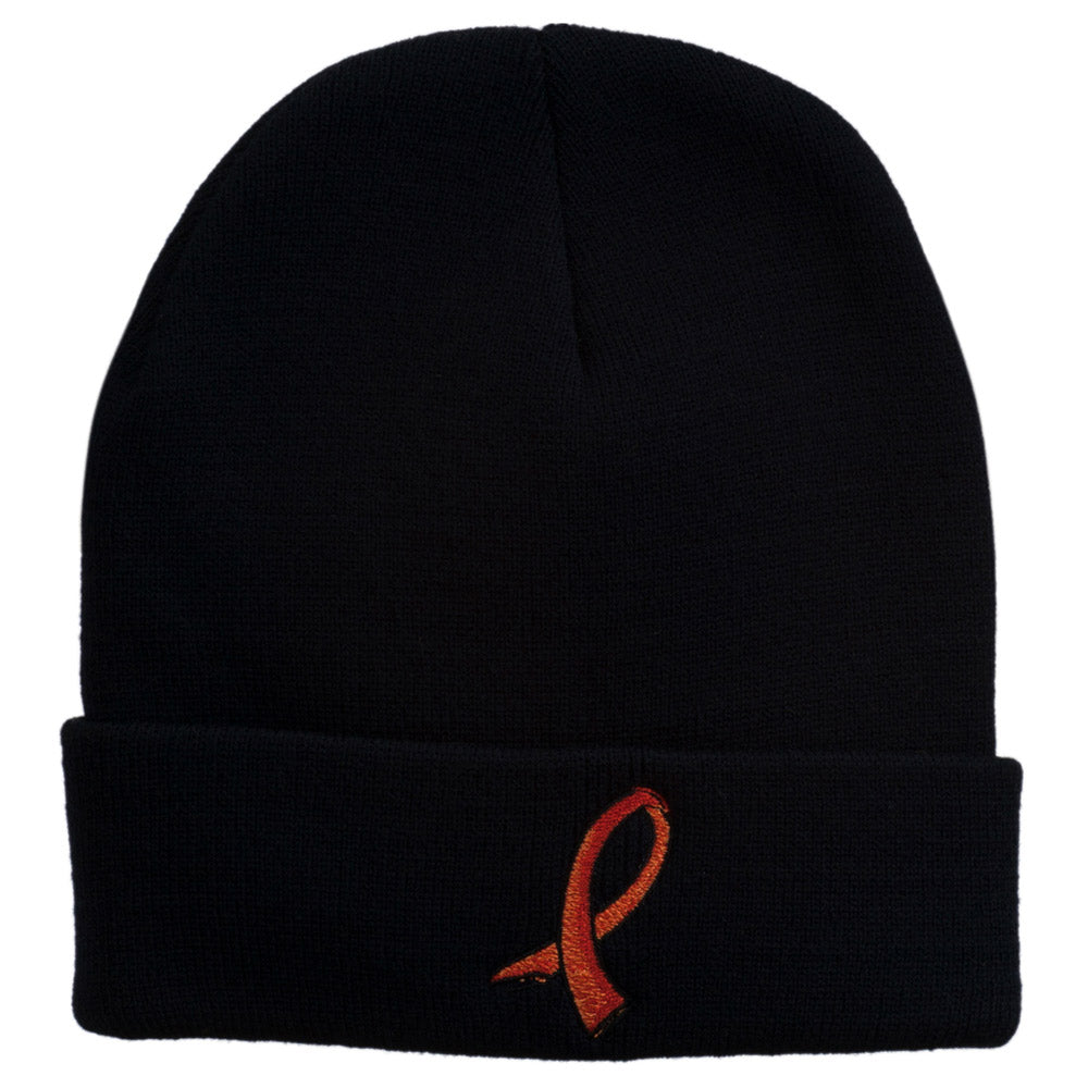 Kidney Cancer Ribbon Embroidered Long Beanie - Navy OSFM