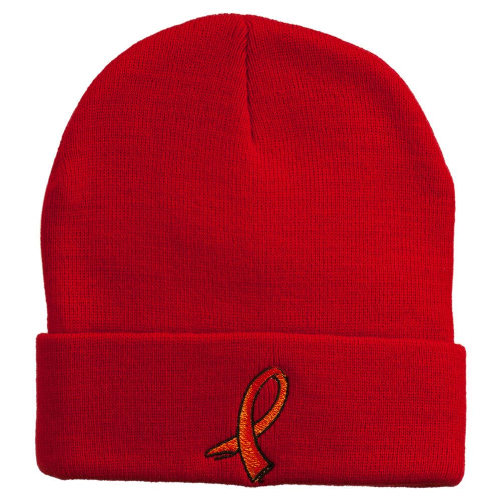 Kidney Cancer Ribbon Embroidered Long Beanie - Red OSFM