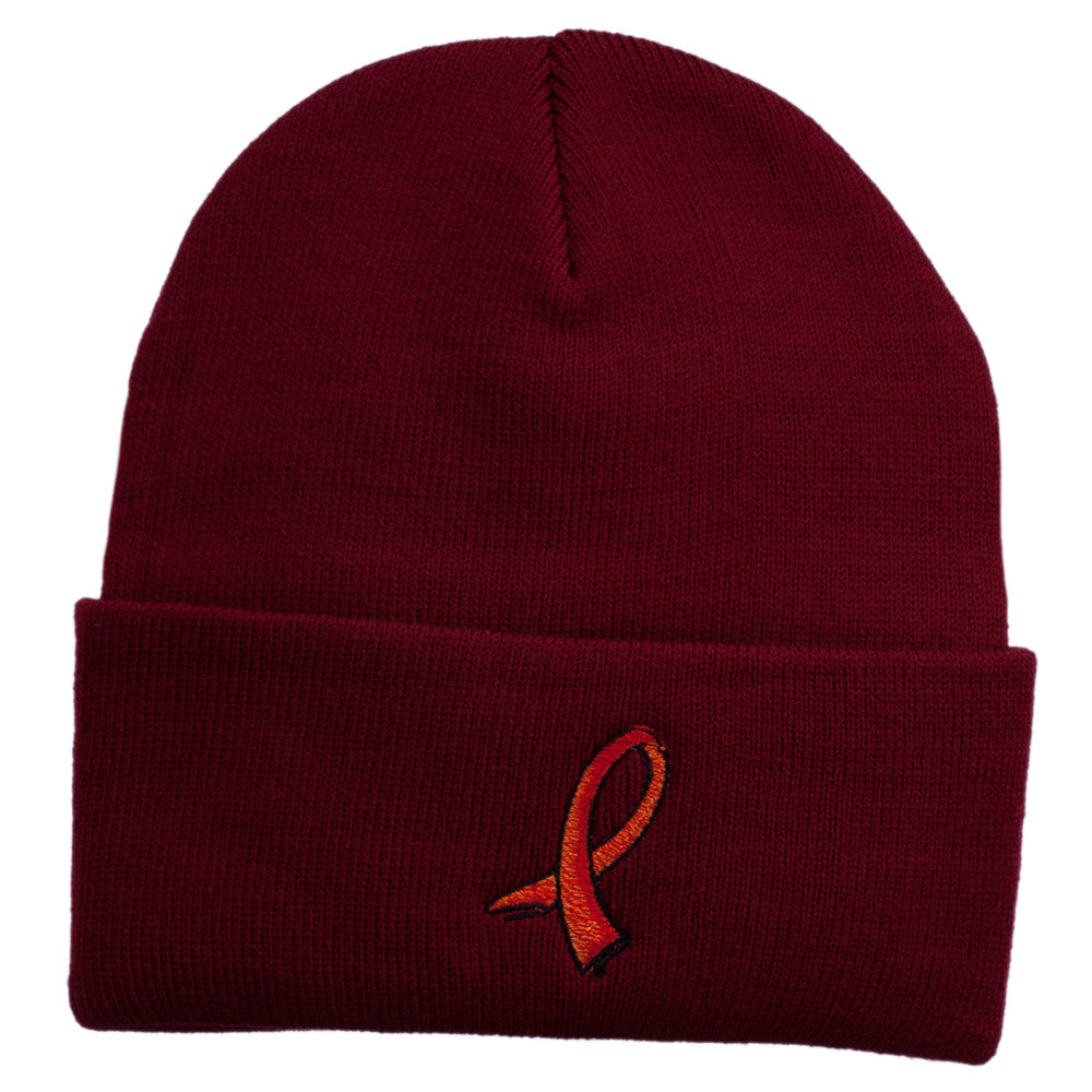 Kidney Cancer Ribbon Embroidered Long Beanie - Maroon OSFM