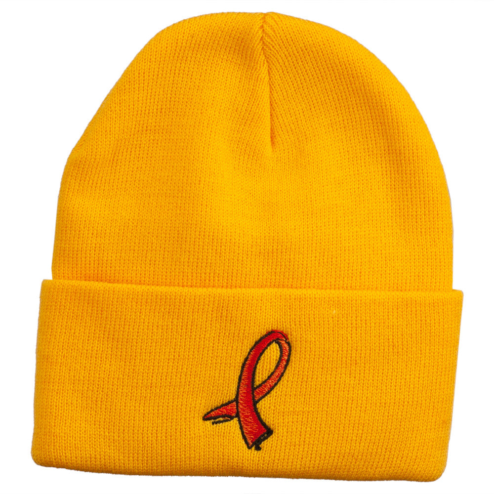 Kidney Cancer Ribbon Embroidered Long Beanie - Yellow OSFM