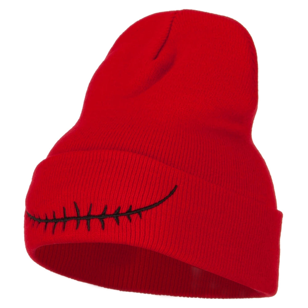 Skeleton Mouth Embroidered Long Beanie - Red OSFM