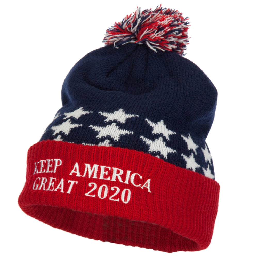 Keep America Great 2020 Letters Embroidered USA Flag Cuffed Pom Long Beanie - Red Blue OSFM