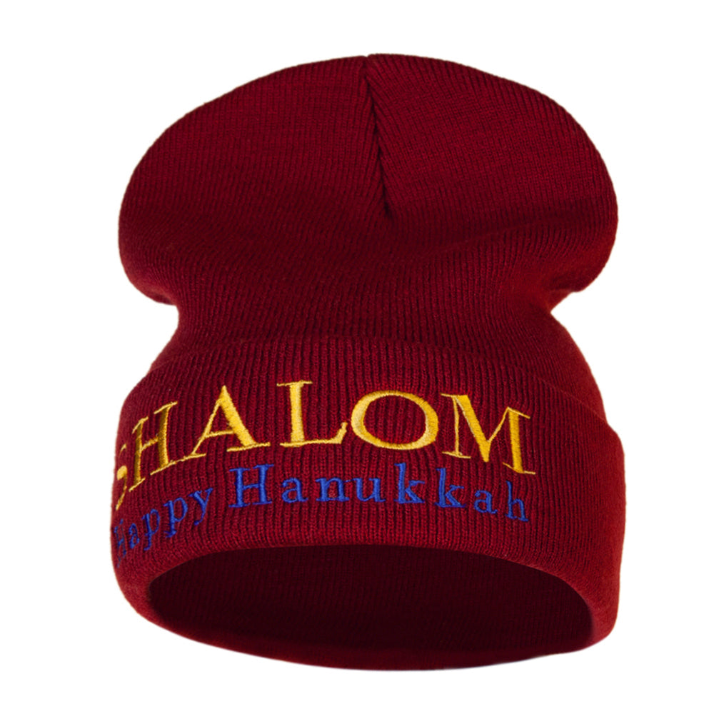 Shalom Happy Hanukkah Embroidered Long Knitted Beanie - Maroon OSFM