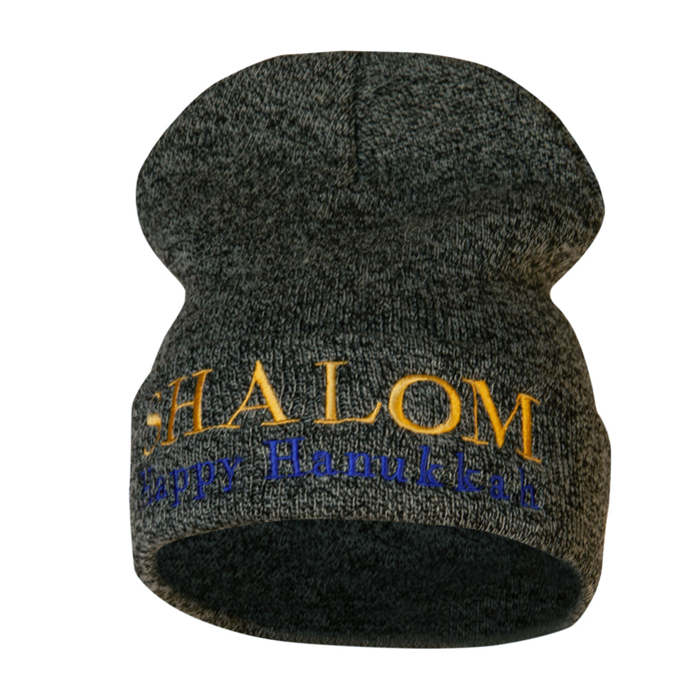 Shalom Happy Hanukkah Embroidered Long Knitted Beanie - Black Marled OSFM