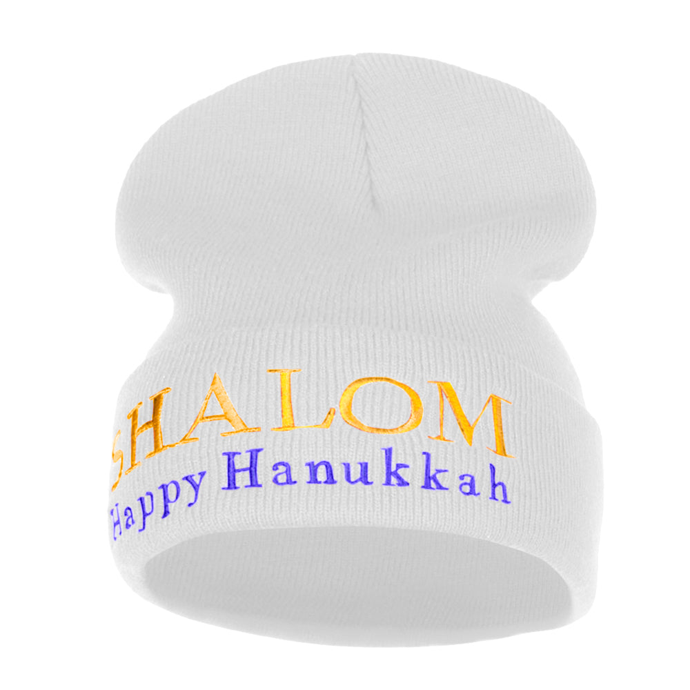Shalom Happy Hanukkah Embroidered Long Knitted Beanie - White OSFM