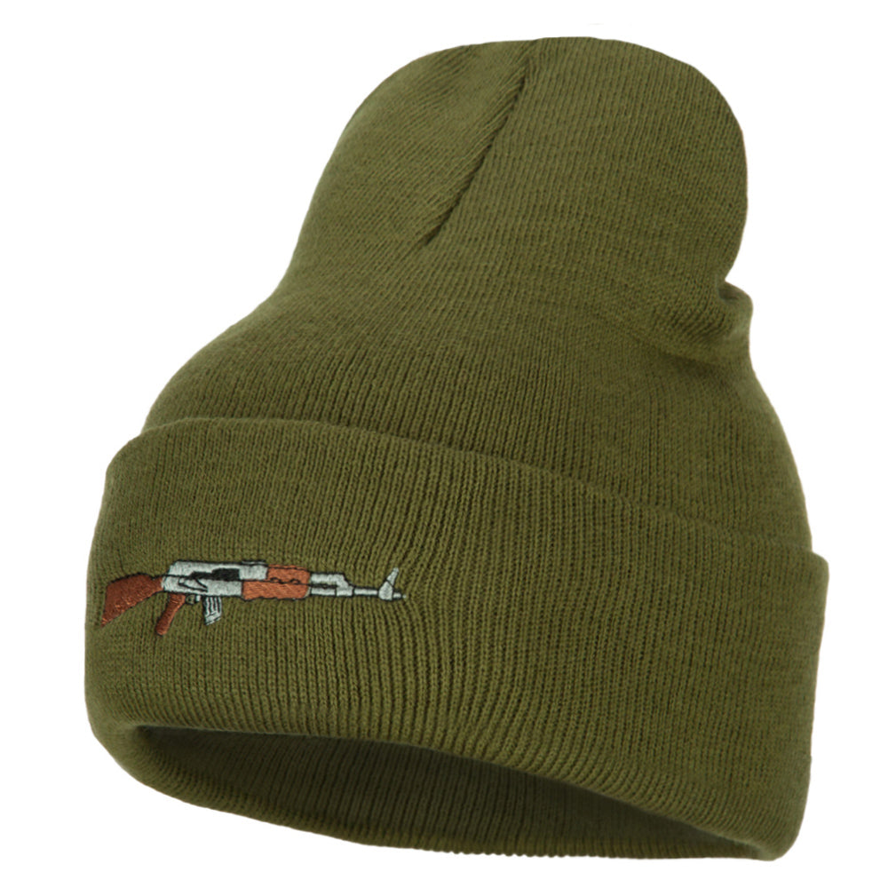 AK-47 Rifle Embroidered Long Knitted Beanie - Olive OSFM