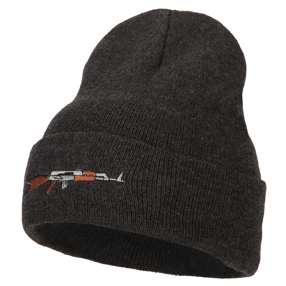 AK-47 Rifle Embroidered Long Knitted Beanie - Heather Charcoal OSFM