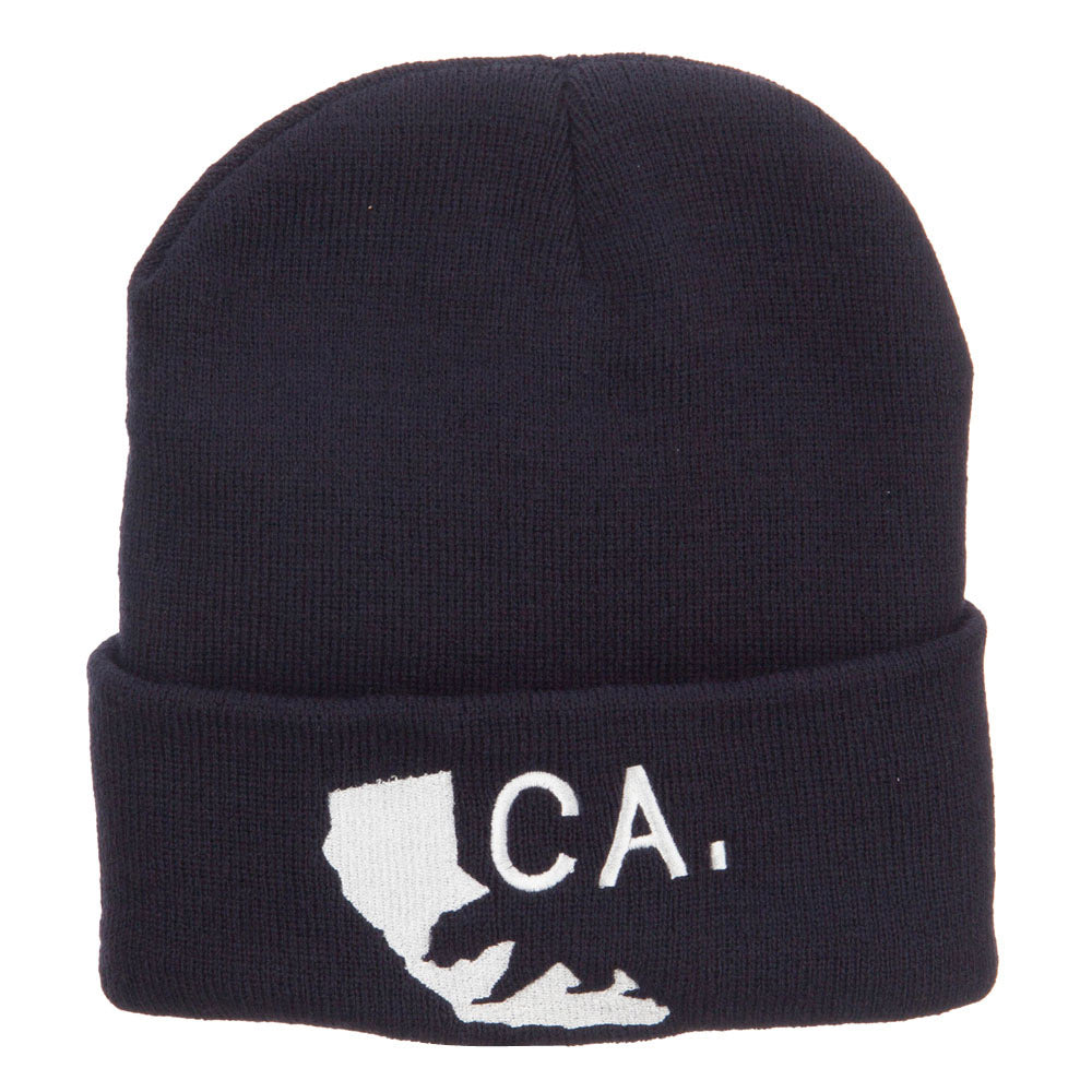 California State and Bear Embroidered Long Beanie - Navy OSFM