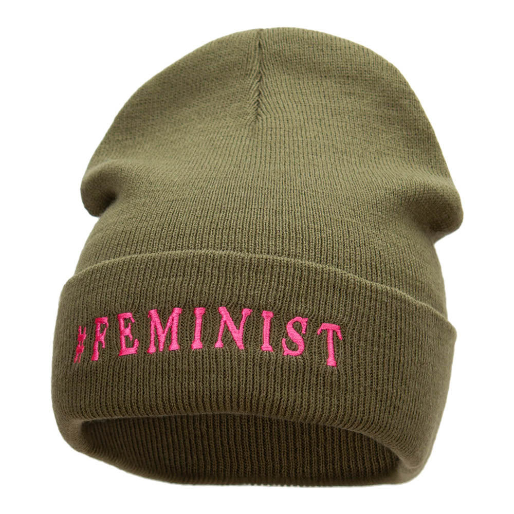 Feminist Logo Phrase Embroidered Long Knitted Beanie - Olive OSFM
