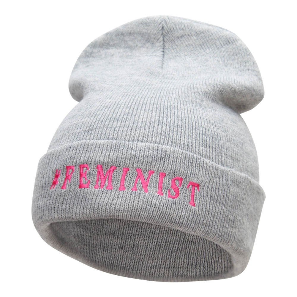 Feminist Logo Phrase Embroidered Long Knitted Beanie - Heather Grey OSFM