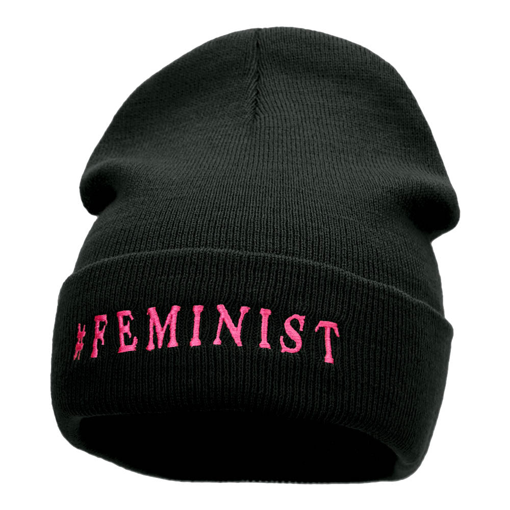 Feminist Logo Phrase Embroidered Long Knitted Beanie - Black OSFM