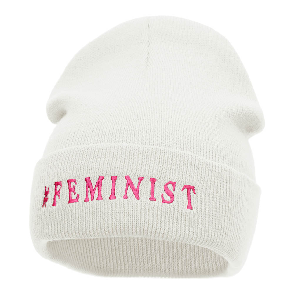Feminist Logo Phrase Embroidered Long Knitted Beanie - White OSFM