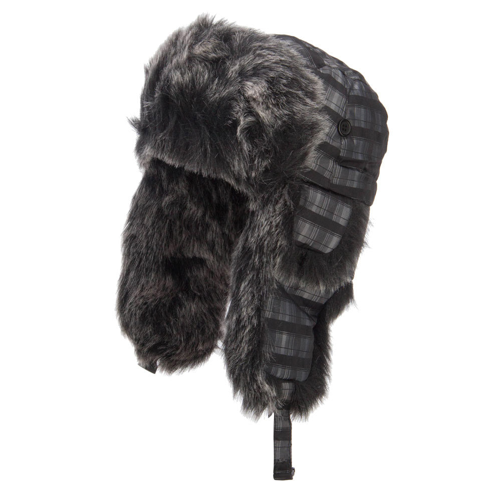 Plaid Nylon Faux Fur Trooper Hat - Black M