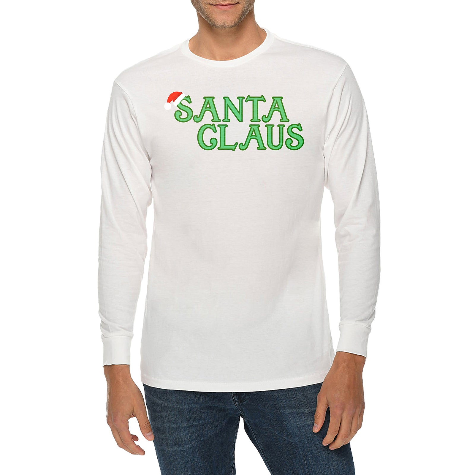 Santa With Hat Graphic Long Sleeve Crewneck Tee - White XS