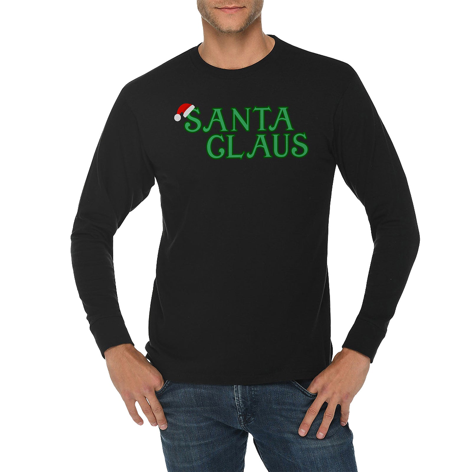 Santa With Hat Graphic Long Sleeve Crewneck Tee - Black XS