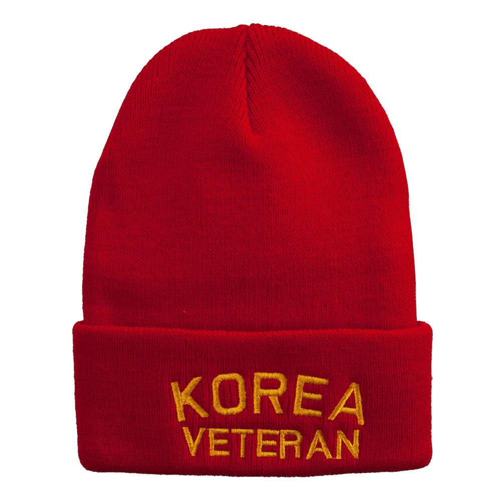 Korea Veteran Embroidered Long Knitted Beanie - Red OSFM