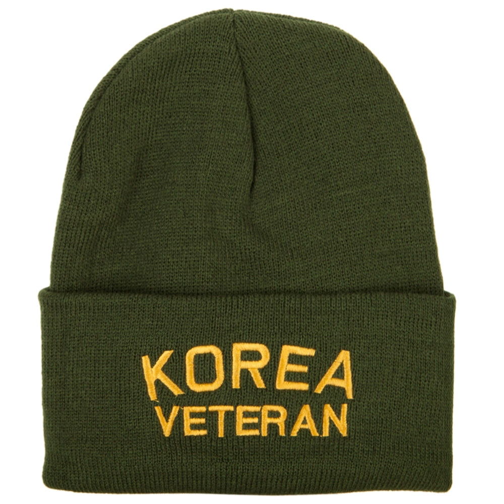 Korea Veteran Embroidered Long Knitted Beanie - Olive OSFM