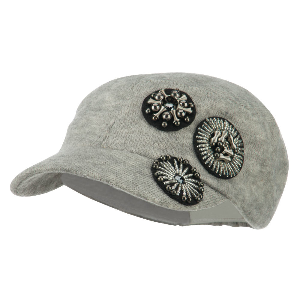 Knit Military Cap with Circle Motifs - Grey OSFM