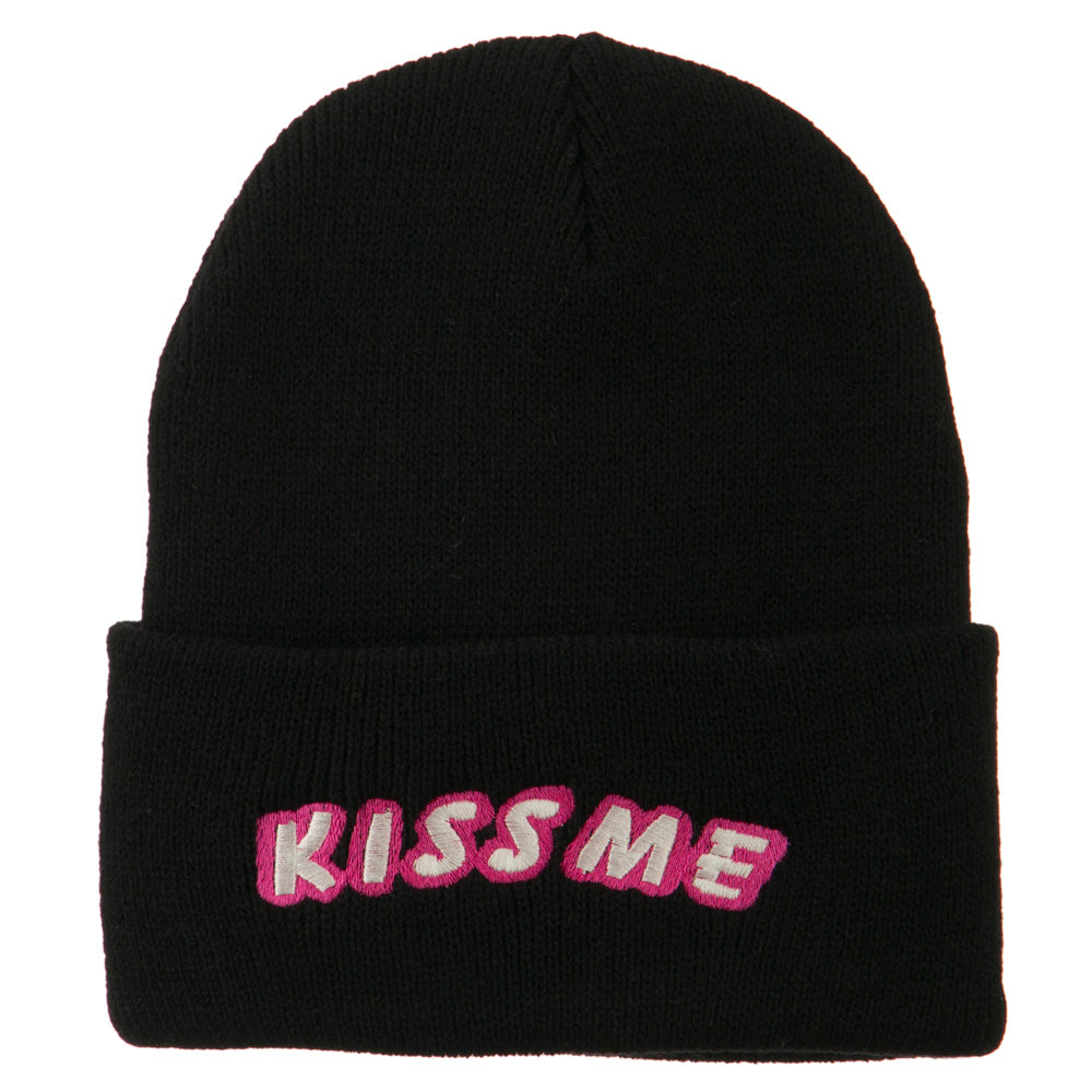 Kiss Me Embroidered Long Knit Beanie - Black OSFM
