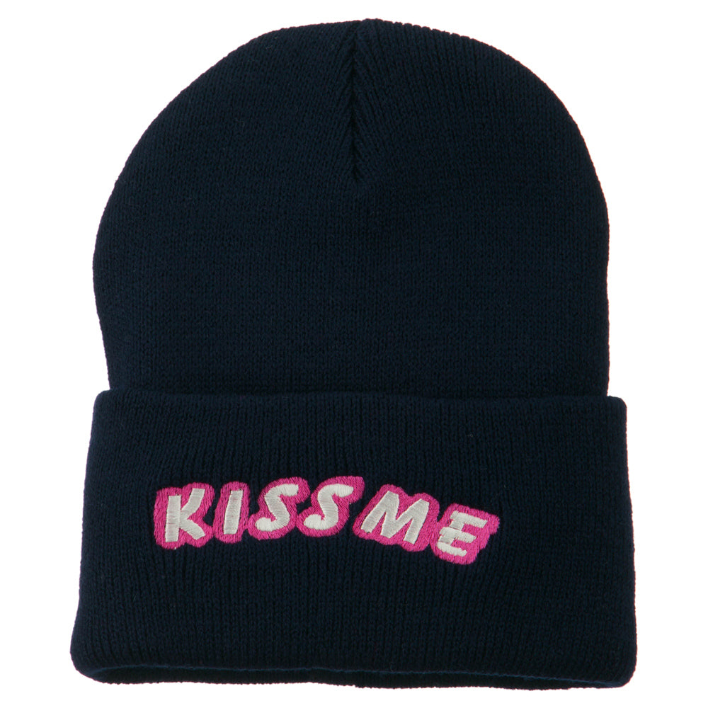 Kiss Me Embroidered Long Knit Beanie - Navy OSFM