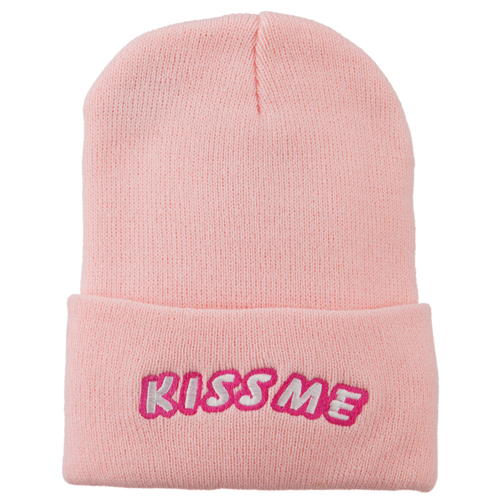 Kiss Me Embroidered Long Knit Beanie - Pink OSFM