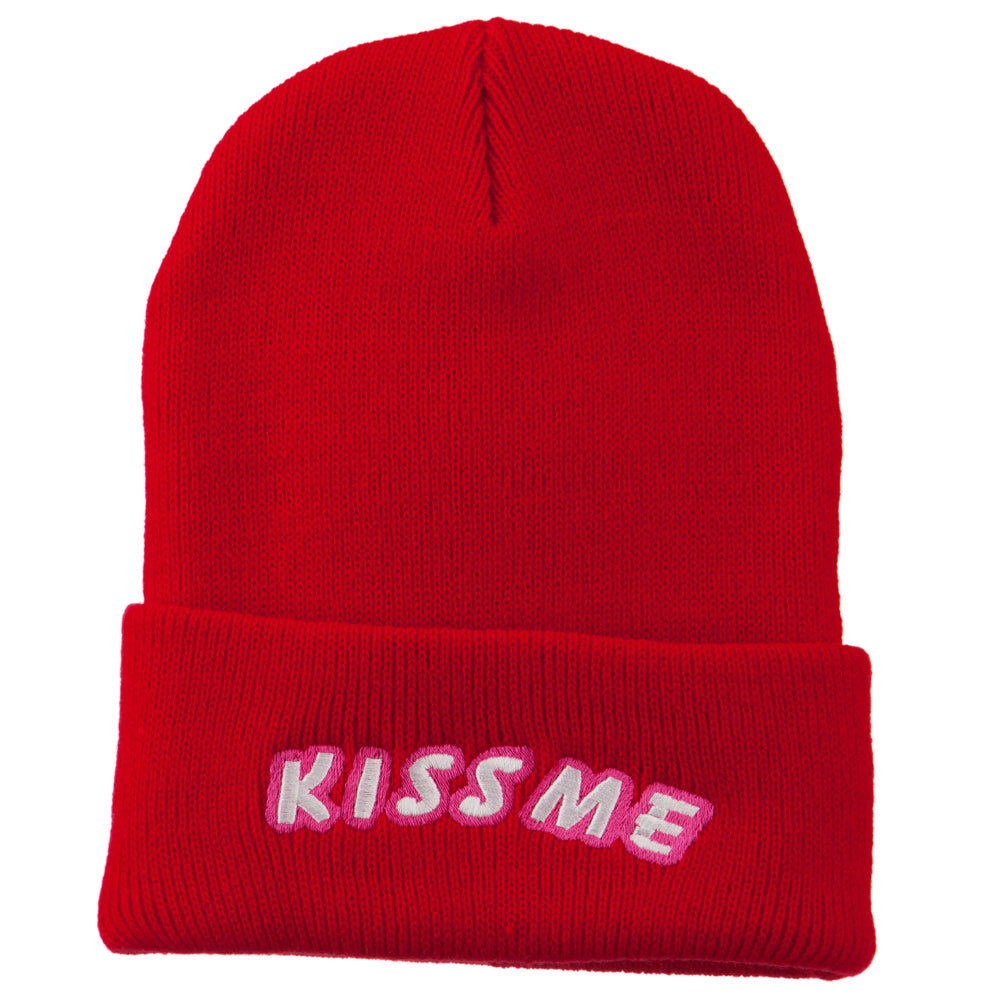 Kiss Me Embroidered Long Knit Beanie - Red OSFM